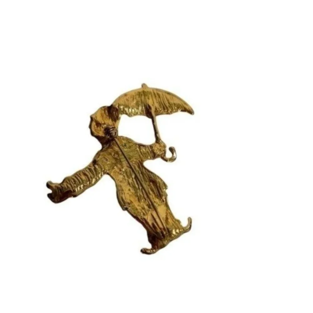 Vintage Clown with Umbrella Enameled Brooch 1950's‎ Gold Tone Colorful Purple